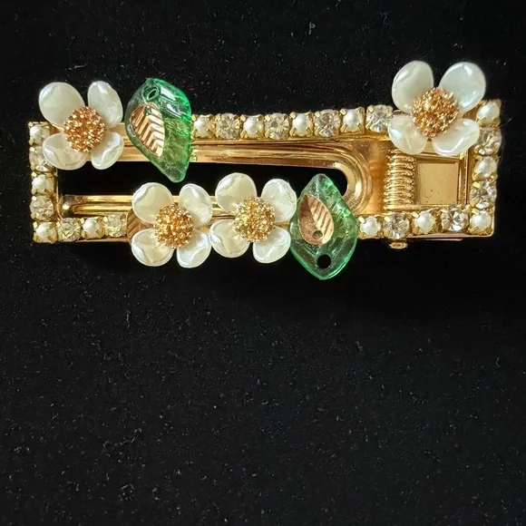 Gold Floral Rhinestone Hair Clips Set with White Flowers for Women - Picture 4 of 5